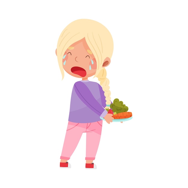 Vecteur personnage de fille malheureuse pleurant montrant son aversion pour les légumes illustration vectorielle