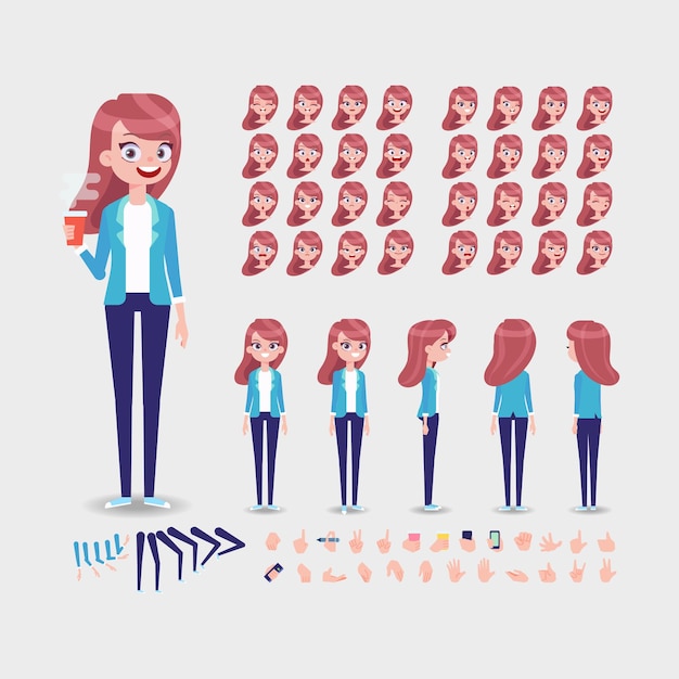 Personnage De Fille Pour L'animation Diverses émotions Et Gestes De Coiffures Vue De Face Arrière