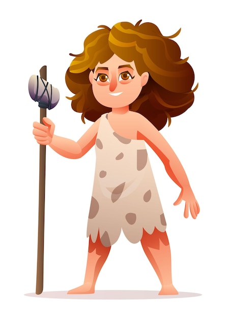 Vecteur personnage de fille primitive illustration de dessin animé de fille de grotte de l'âge de pierre préhistorique