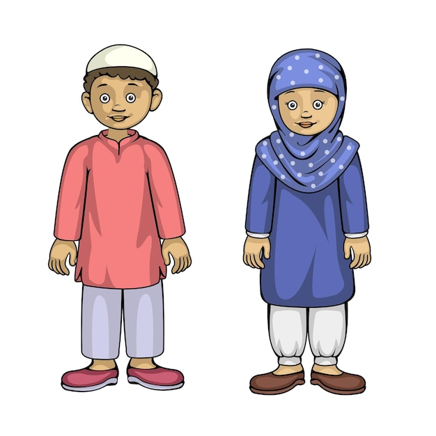 Vecteur personnage garçon et fille avec costume musulman