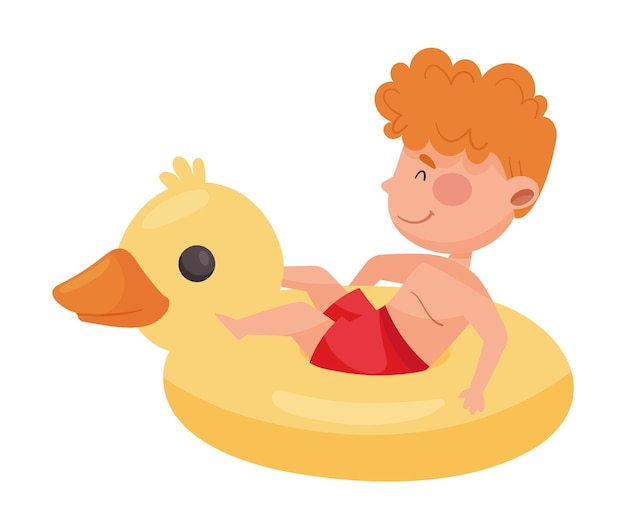 Personnage De Garçon Mignon Assis Dans Un Anneau De Natation En Caoutchouc Illustration Vectorielle