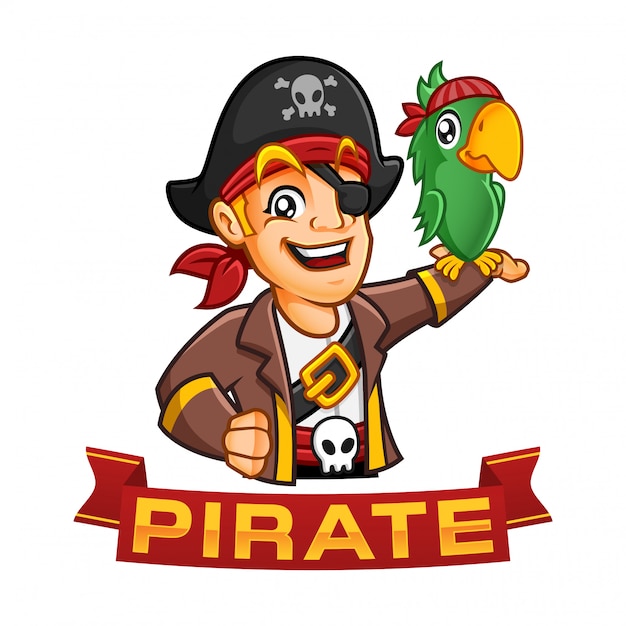 Vecteur personnage de garçon pirate ou dessin animé de mascotte avec un perroquet à son bras, illustration amusante