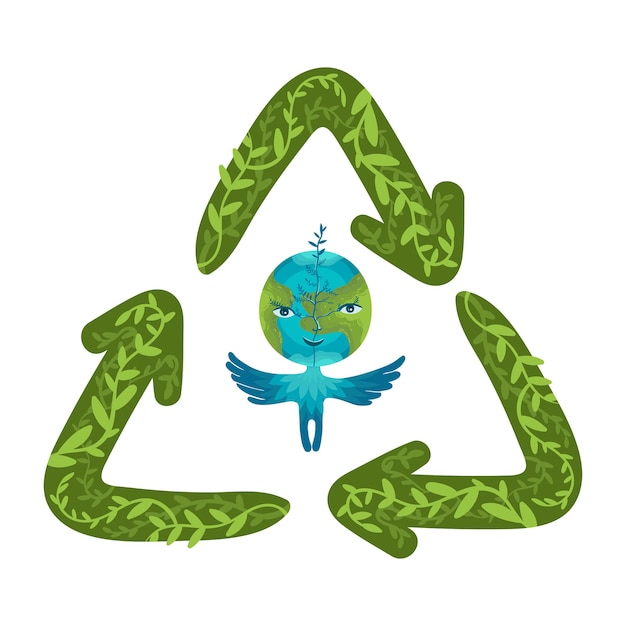Vecteur personnage de globe terrestre de dessin animé avec symbole de recyclage dessiné à la main. concept mondial de réduction et de recyclage des déchets