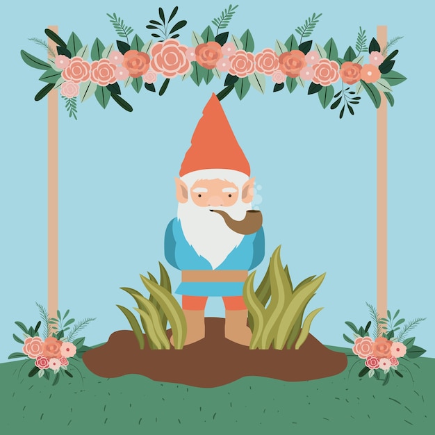 Vecteur personnage de gnome dans le jardin avec étiquette en bois