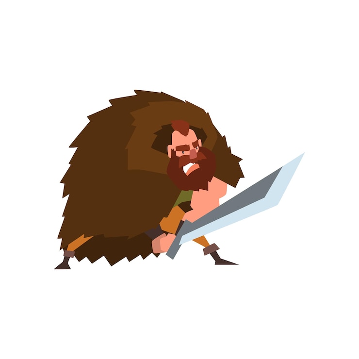 Vecteur personnage de guerrier viking en colère en cape de peau d'animal avec vecteur d'épée illustration isolée sur un fond blanc