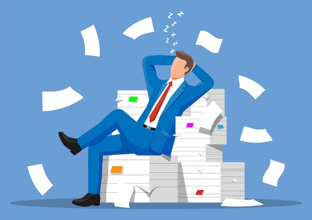 Personnage d'homme d'affaires dormir dans un tas de papiers