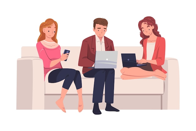 Personnage d'homme et de femme avec un appareil numérique assis sur un canapé souffrant d'addiction à Internet Illustration vectorielle
