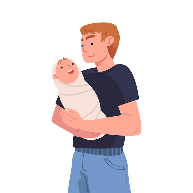 Personnage d'homme tenant un bébé enveloppé avec des bras qui l'allaitent illustration vectorielle
