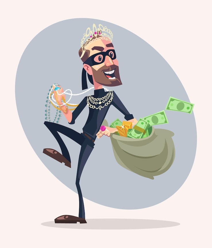 Vecteur le personnage de l'homme voleur a volé de l'argent et des bijoux illustration de dessin animé plat