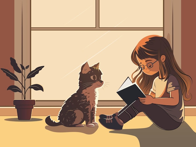 Personnage de jeune fille lisant un livre avec un chat mignon assis vase de plante sur la fenêtre fond marron et jaune