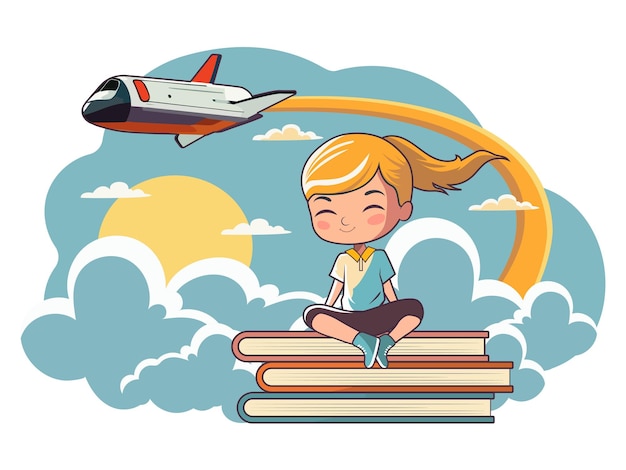 Personnage de jolie fille assise sur une pile de livres contre un avion volant dans le fond du ciel