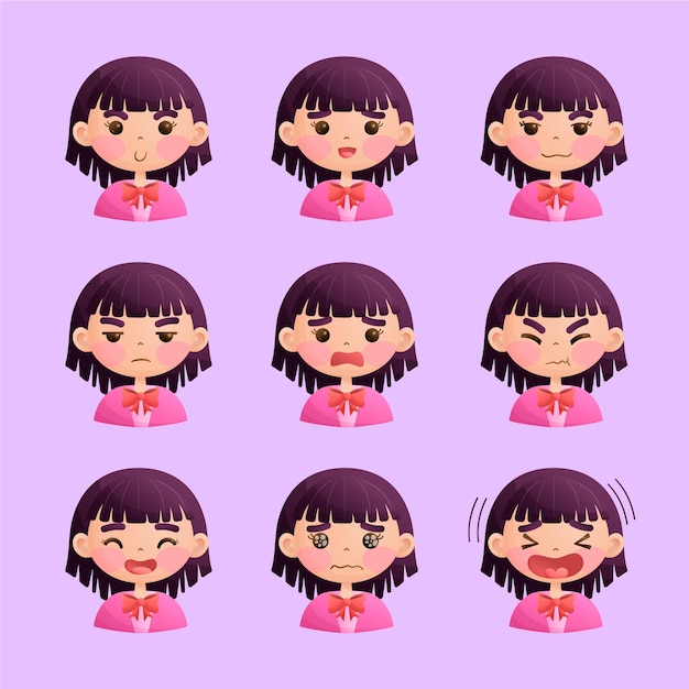 Personnage De Jolie Fille Avec Différentes Expressions De Visage Pour Le Style De Dessin Animé D'animation