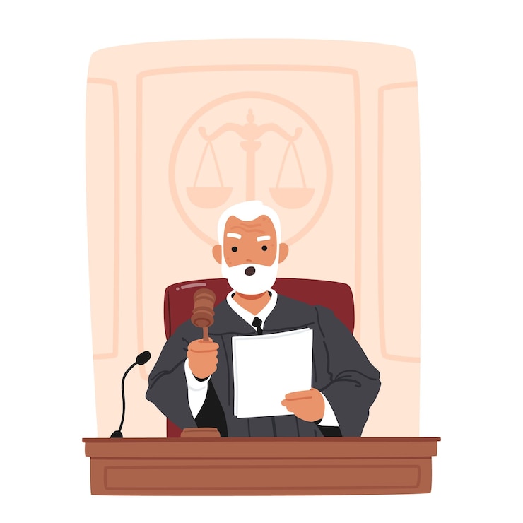 Vecteur personnage de juge principal avec marteau assis au bureau présidant le tribunal rendant la justice et maintenant l'ordre