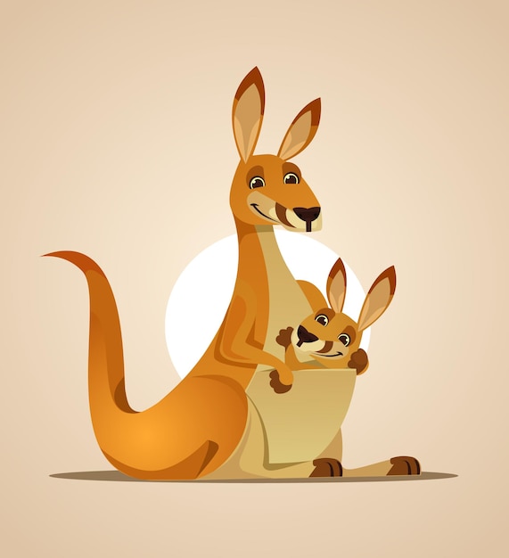 Vecteur personnage de kangourou maman heureuse et illustration de dessin animé plat enfant kangourou