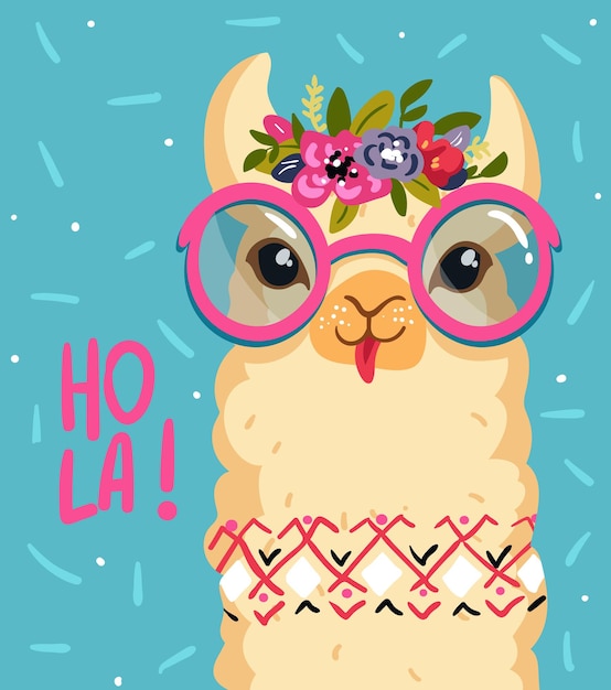 Personnage De Lama Mignon, Couronne De Fleurs Sur La Tête, Alpaga Souriant. Hola Illustrations