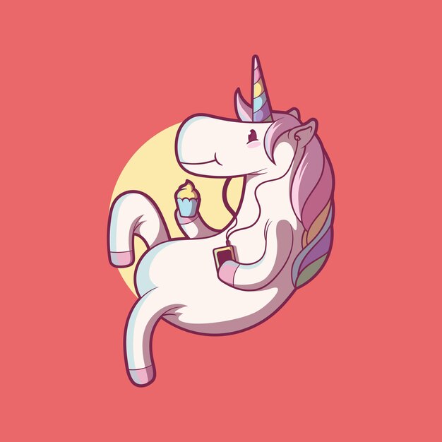 Vecteur personnage de licorne se refroidissant en mangeant une illustration vectorielle de cupcake. animal, concept de design mythologique.