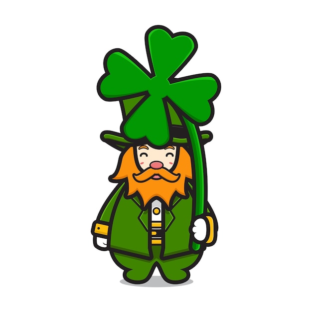 Vecteur personnage de lutin mignon saint patrick jour tenant illustration d'icône de vecteur de dessin animé de trèfle