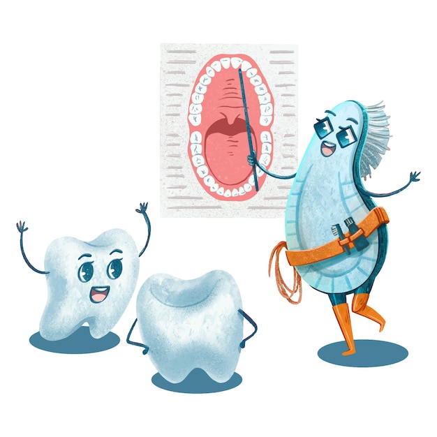 Vecteur personnage de marque d'illustration pour la brosse à dents de la clinique dentaire la mascotte de la dentisterie pédiatrique asya explique aux enfants les dents sur l'hygiène