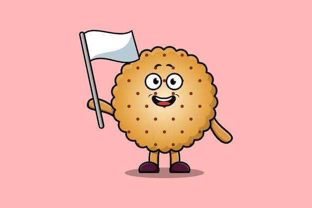 Personnage De Mascotte De Biscuits De Dessin Animé Mignon Avec Drapeau Blanc Dans L'illustration De Conception Moderne