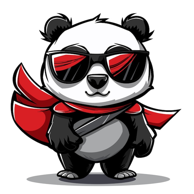 Vecteur le personnage de la mascotte de dessin animé du super-héros panda avec une cape rouge et des lunettes de soleil