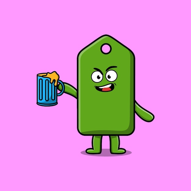 Personnage de mascotte de dessin animé d'étiquette de prix avec verre à bière et design élégant mignon