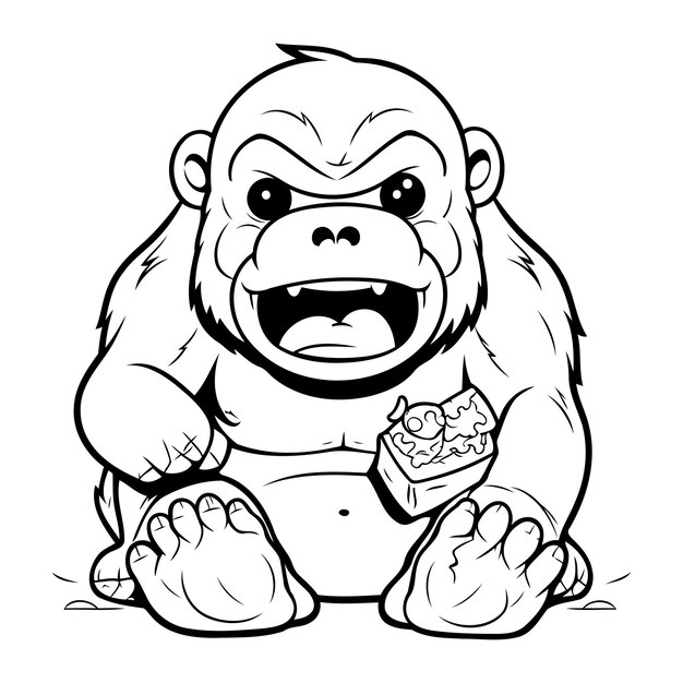 Vecteur personnage de mascotte de dessin animé de gorille mangeant un gâteau illustration noir et blanc