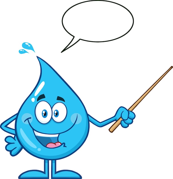 Personnage de mascotte de dessin animé de goutte d'eau bleue parlant à l'aide d'un bâton de pointeur avec bulle de dialogue