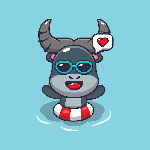 Personnage De Mascotte De Dessin Animé Mignon Buffle Nageant Sur La Piscine