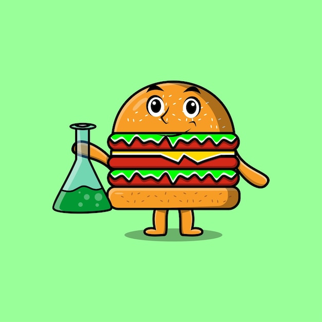 Personnage De Mascotte De Dessin Animé Mignon Burger En Tant Que Scientifique Avec Verre De Réaction Chimique