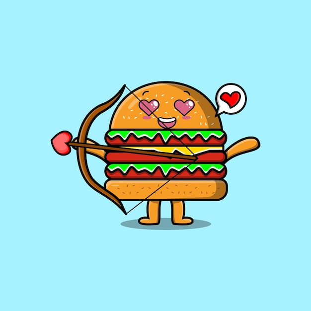 Personnage De Mascotte De Dessin Animé Mignon Cupidon Romantique Burger Avec Flèche D'amour Dans Un Design Moderne