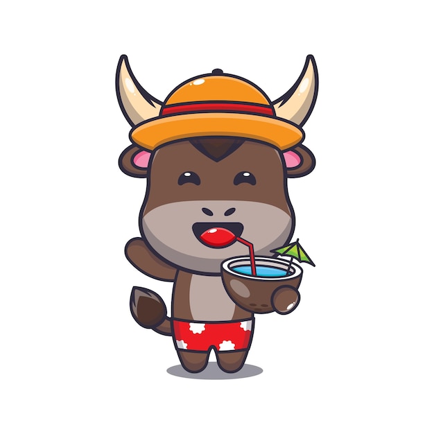 Personnage De Mascotte De Dessin Animé De Taureau Mignon Boit De La Noix De Coco Fraîche