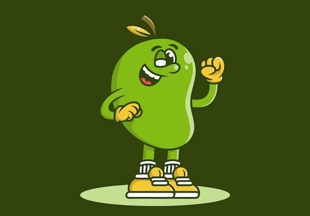 Le personnage de la mascotte est une mangue debout de couleur verte.