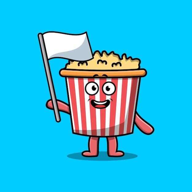 Personnage De Mascotte De Pop-corn De Dessin Animé Mignon Avec Drapeau Blanc Dans L'illustration De Conception Moderne