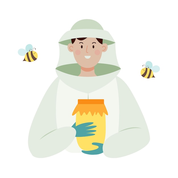 Vecteur personnage masculin apiculteur dans une combinaison de protection des abeilles avec un pot de miel illustration vectorielle plane