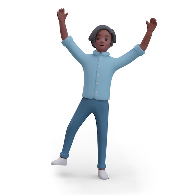 Personnage masculin debout sur une jambe avec les bras levés Un adolescent à la peau foncée saute de joie