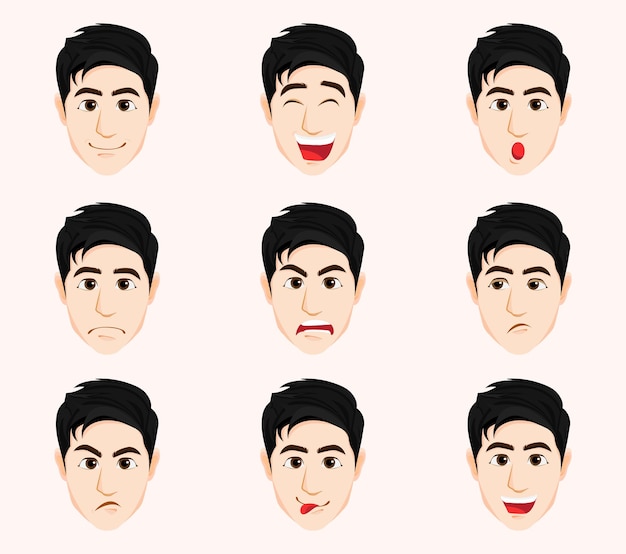 Personnage Masculin De Dessin Animé Avec 9 Expressions