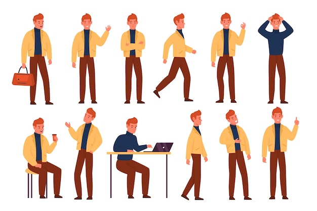 Personnage masculin de dessin animé jeune homme en vêtements décontractés urbains différentes poses émotions et actions travail et loisirs personne drôle homme d'affaires assis et debout travaillant sur un ensemble vectoriel d'ordinateur