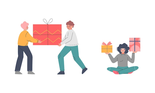 Personnage masculin et féminin avec une boîte à cadeaux et des ballons engagés dans un jeu vectoriel de félicitations de vacances