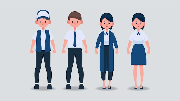 Personnage masculin et féminin portant un uniforme bleu et blanc