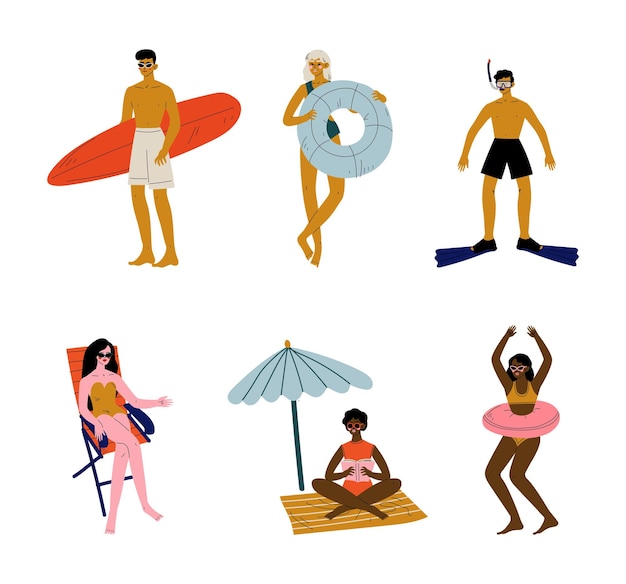 Personnage masculin et féminin en vacances d'été sur la plage portant un maillot de bain et un ensemble vectoriel de bain de soleil