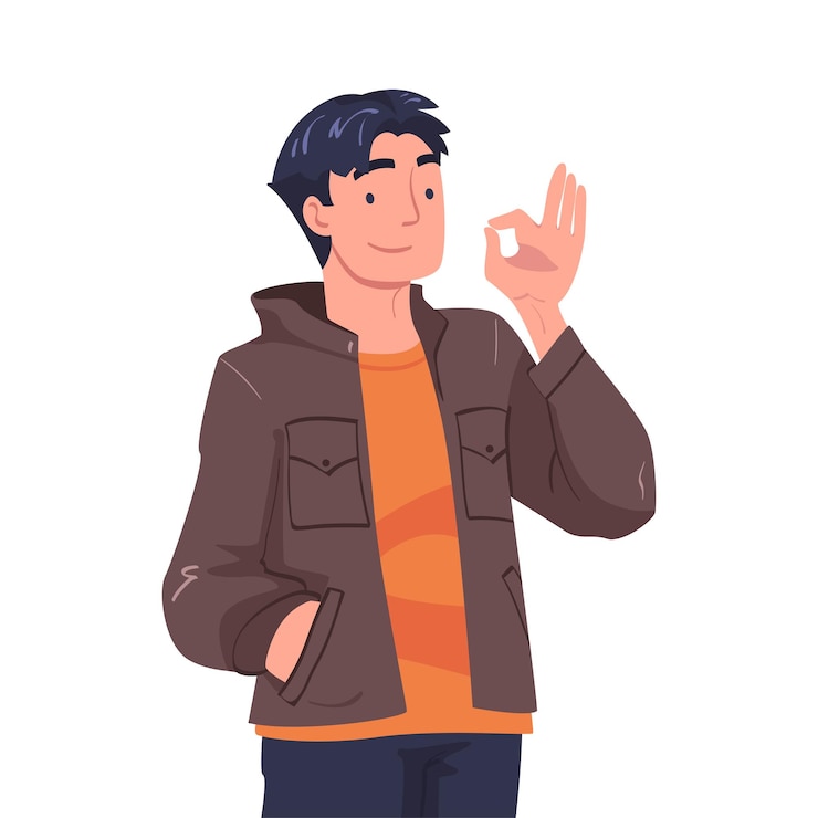 Vecteur personnage masculin montrant une illustration vectorielle du geste de la main ok ou de l'anneau positive