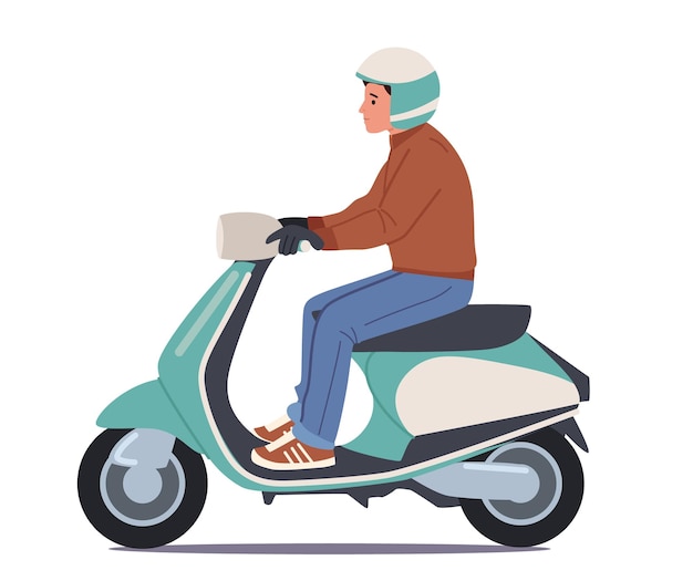 Personnage Masculin Porter Un Casque D'équitation Moto Ou Scooter électrique Isolé Sur Fond Blanc Homme Conduisant Un Vélo