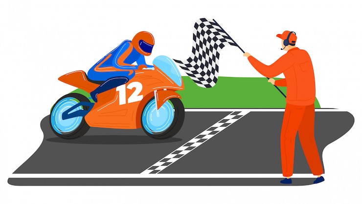 Vecteur personnage masculin ride sportbike, tournoi mondial moto compétition homme première place ligne d'arrivée isolé sur blanc, illustration de dessin animé.