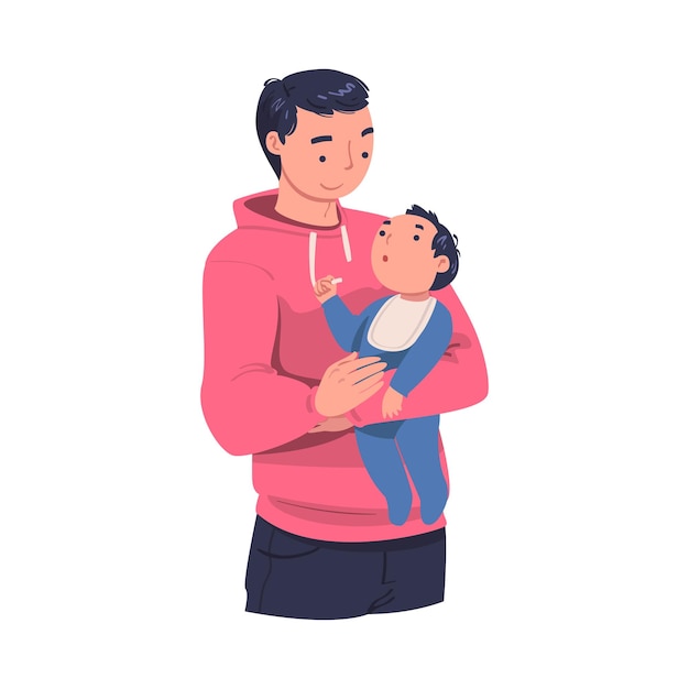 Personnage masculin tenant un bébé avec les bras et le nourrissant Illustration vectorielle