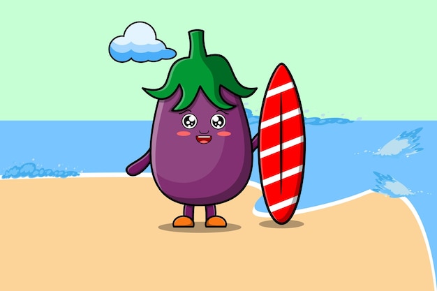 Personnage Mignon D'aubergine De Dessin Animé Jouant Au Surf Avec Planche De Surf