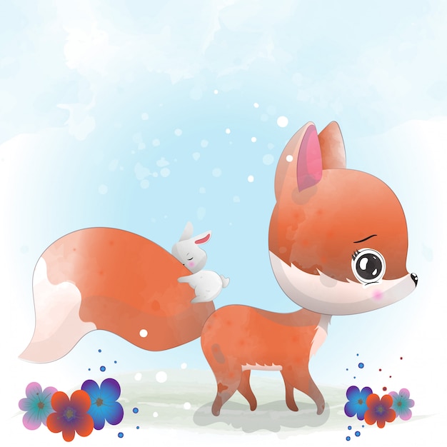 Vecteur personnage mignon baby fox peint à l'aquarelle