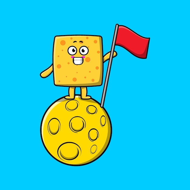 Personnage Mignon De Chef De Fromage De Bande Dessinée Debout Sur La Lune Avec Le Drapeau Dans La Conception Moderne 3d