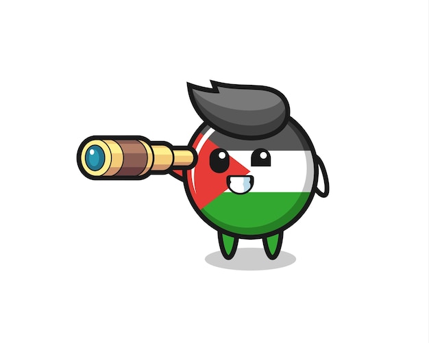 Le Personnage Mignon De L'insigne Du Drapeau De La Palestine Tient Un Vieux Télescope