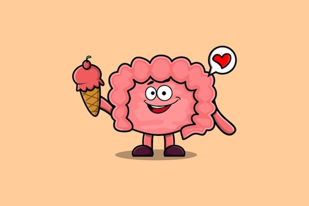 Personnage mignon d'intestin de dessin animé tenant un cône de crème glacée dans une illustration de style mignon moderne
