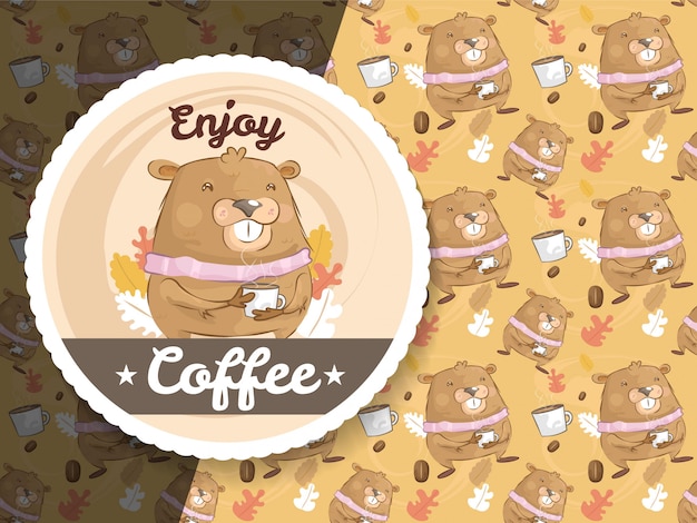 Vecteur personnage mignon de marmotte avec café